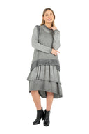 WOMEN'S KNIT TWO-PIECE DRESS. A JERSEY COWL-NECK UNDER-DRESS WITH LONG SLEEVES AND A TIERED SKIRT. A KNIT VEST OVER-TOP WITH NOVELTY STITCHED DETAILING