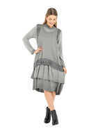 WOMEN'S KNIT TWO-PIECE DRESS. A JERSEY COWL-NECK UNDER-DRESS WITH LONG SLEEVES AND A TIERED SKIRT. A KNIT VEST OVER-TOP WITH NOVELTY STITCHED DETAILING