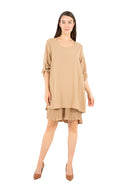 WOMEN'S WOVEN SCOOP NECKLINE DRESS, WITH SET-IN ROLLABLE LONG SLEEVES, A FLOWING BACK PANEL WITH PLEATED DETAILING