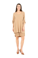 WOMEN'S WOVEN SCOOP NECKLINE DRESS, WITH SET-IN ROLLABLE LONG SLEEVES, A FLOWING BACK PANEL WITH PLEATED DETAILING