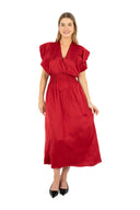 WOMEN'S WOVEN FIXED-WRAPPED FRONT V-NECK DRESS, WITH FLOWING CAP-SLEEVES, AN ELASTIC SINCHED WAIST AND AN A-LINE SKIRT