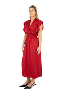 WOMEN'S WOVEN FIXED-WRAPPED FRONT V-NECK DRESS, WITH FLOWING CAP-SLEEVES, AN ELASTIC SINCHED WAIST AND AN A-LINE SKIRT