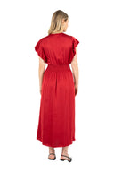 WOMEN'S WOVEN FIXED-WRAPPED FRONT V-NECK DRESS, WITH FLOWING CAP-SLEEVES, AN ELASTIC SINCHED WAIST AND AN A-LINE SKIRT