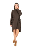WOMEN'S KNIT TURTLE-NECK DRESS, WITH LONG SLEEVES, A SCOOPED HI/LOW HEMLINE AND COLLAPSED PATCH POCKET AT THE HIPS