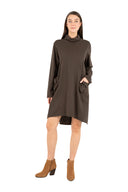 WOMEN'S KNIT TURTLE-NECK DRESS, WITH LONG SLEEVES, A SCOOPED HI/LOW HEMLINE AND COLLAPSED PATCH POCKET AT THE HIPS