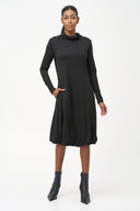 Women's Knit Turtleneck Knee-Length Dress with Balloon Skirt & Pockets