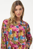 Women's Woven Stand Collar Button Down Tunic-Length Shirt | M