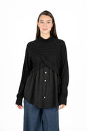 WOMEN'S WIDE RIB-KNIT MOCC-NECK LONG SLEEVE TUNIC, WITH A CRISS/CROSS KNIT FRONT, AND POPLIN SHIRT HEM SEWN INTO THE SWEATER HEMLINE