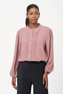 Women's Woven Button-Down Shirt with Front Pintuck Details