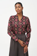 Women's Printed Woven V-Neck Button-Down Shirt with Long Sleeves