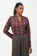 Women's Printed Woven V-Neck Button-Down Shirt with Long Sleeves