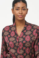 Women's Printed Woven V-Neck Button-Down Shirt with Long Sleeves