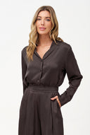 Women's Woven V-Neck Button-Down Shirt with Long Sleeves