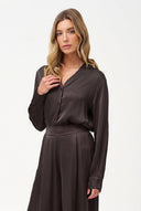 Women's Woven V-Neck Button-Down Shirt with Long Sleeves