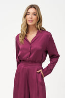 Women's Woven V-Neck Button-Down Shirt with Long Sleeves