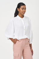 Women's Woven Button-Down Shirt with 3/4 Balloon Sleeves