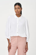 Women's Woven Button-Down Shirt with 3/4 Balloon Sleeves