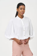 Women's Woven Button-Down Shirt with 3/4 Balloon Sleeves