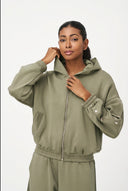 Women's Knit Zip-Up Hoodie with Studded Sleeves & Front Welt Pockets