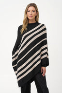 Women's Striped Knit Mock-Neck Poncho with Pointed Hem & Wrist Cuffs