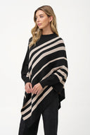 Women's Striped Knit Mock-Neck Poncho with Pointed Hem & Wrist Cuffs