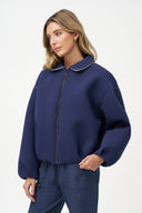 Women's Collared Knit Zip-Up Jacket, Long Sleeves & Bubble Hem