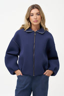Women's Collared Knit Zip-Up Jacket, Long Sleeves & Bubble Hem