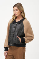 Women's Knit & Woven Combo Snap-Button Front Bomber Jacket | M