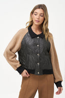 Women's Knit & Woven Combo Snap-Button Front Bomber Jacket | M