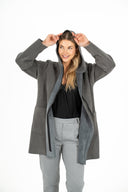 WOMEN'S WOVEN DOUBLE-SPACER FLEECE COAT, WITH LONG SET-IN SLEEVES, PATCH POCKETS, A FRONT ZIPPER CLOSER AND A HOOD