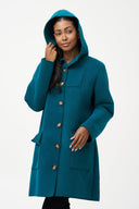 Women's Woven Mid-Length Hooded Button-Down Coat with Patch Pockets