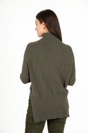 WOMEN'S KNIT SWEATER, WITH A TURTLE-NECK COLLAR, LONG RAGLAN SLEEVES, HIGH HEMLINE RIBBING AND POINTELLE KNIT DETAILING