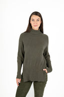 WOMEN'S KNIT SWEATER, WITH A TURTLE-NECK COLLAR, LONG RAGLAN SLEEVES, HIGH HEMLINE RIBBING AND POINTELLE KNIT DETAILING