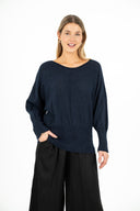 WOMEN'S KNIT SWEATER, WITH A BOAT-NECK COLLAR, LONG BAT-SLEEVES, HIGH HEMLINE RIBBING AND POINTELLE KNIT DETAILING