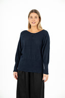 WOMEN'S KNIT SWEATER, WITH A BOAT-NECK COLLAR, LONG BAT-SLEEVES, HIGH HEMLINE RIBBING AND POINTELLE KNIT DETAILING