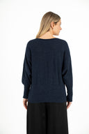 WOMEN'S KNIT SWEATER, WITH A BOAT-NECK COLLAR, LONG BAT-SLEEVES, HIGH HEMLINE RIBBING AND POINTELLE KNIT DETAILING