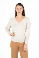 WOMEN'S KNIT V-NECK SWEATER, WITH LONG SLEEVES AND GATHERS AT THE TOP OF THE SLEEVES