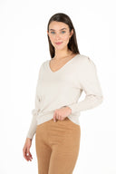 WOMEN'S KNIT V-NECK SWEATER, WITH LONG SLEEVES AND GATHERS AT THE TOP OF THE SLEEVES