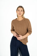 WOMEN'S CREW-NECK TEXTURED SWEATER, WITH ELBOTH LENGTH SET-IN SLEEVES