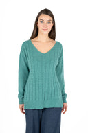 WOMEN'S V-NECK TEXTURED SWEATER, WITH A DROPPED SHOULDER, LONG SLEEVES, A HI/LOW HEMLINE WITH SIDE SLITS