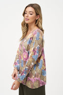 Women's Knit V-Neck Printed Sweater With 3/4Th Length Sleeves | M