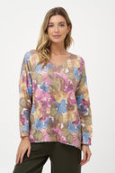 Women's Printed Knit V-Neck Sweater with 3/4 Sleeves