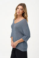 Women's Knit V-Neck Sweater with 3/4 Sleeves
