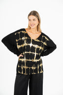 WOMEN'S KNIT V-NECKLINE SWEATER WITH SET-IN LONG SLEEVES AND GOLD FOIL DETAILING