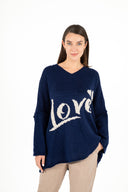 WOMEN'S "LOVE" OVERSIZED KNIT TUNIC-LENGTH V-NECK SWEATER, WITH A DROPPED SHOULDER AND LONG SLEEVES
