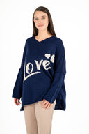 WOMEN'S "LOVE" OVERSIZED KNIT TUNIC-LENGTH V-NECK SWEATER, WITH A DROPPED SHOULDER AND LONG SLEEVES