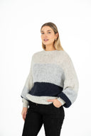 WOMEN'S COLOUR-BLOCKED OVERSIZED KNIT CREW-NECK SWEATER, WITH A DROPPED SHOULDER AND LONG PUFFY SLEEVES