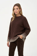Women's Oversized High Crew-Neck Sweater with Patterned Cuffs & Hem