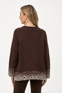 Women's Oversized High Crew-Neck Sweater with Patterned Cuffs & Hem