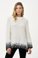 Women's Oversized High Crew-Neck Sweater with Patterned Cuffs & Hem